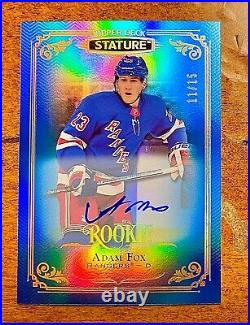 2019-20 Adam Fox UD Stature Autographed Rookie Card /15 Blue Parallel Auto -Rare