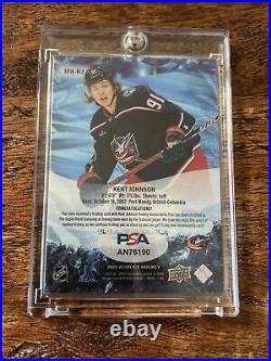 Kent Johnson IP Signed UD Ice Game Jersey Card PSA DNA Autographed Blue Jackets