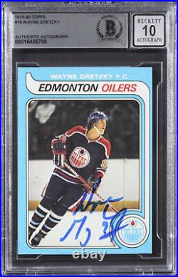Oilers Wayne Gretzky Signed 1979 Topps #18 Rookie Card Auto 10! BAS Slabbed
