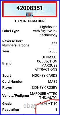 Sidney Crosby Rookie Ultimate Coll Auto On Card 06/10 Psa10 Pop1
