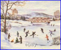 Vintage Christmas Ice Skating Skaters Hockey Snow Pond Fire Snow Greeting Card